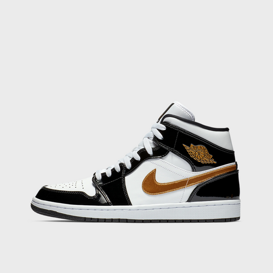 Jordan 1 Mid Patent Black Gold White